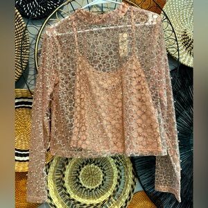 NWT BLUE TASSEL pink beaded pearls sheer long sleeve top size small
